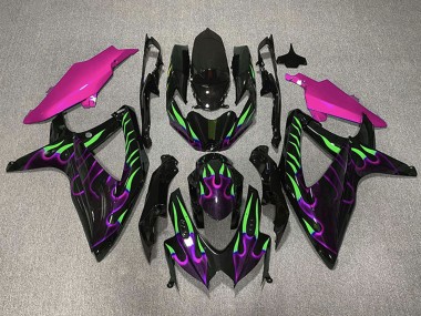 Carene Moto Suzuki GSXR 600 / GSXR 750 2008-2010 - Nero Lucido Rosa Viola Verde Fiamma