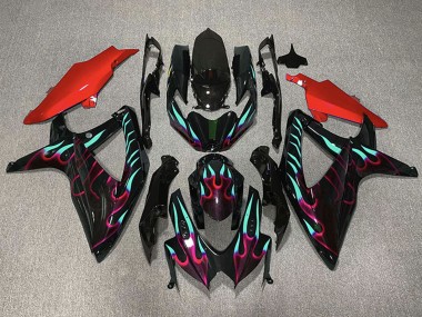 Carene Moto Suzuki GSXR 600 / GSXR 750 2008-2010 - Nero Lucido Rosso Ciano Fiamma