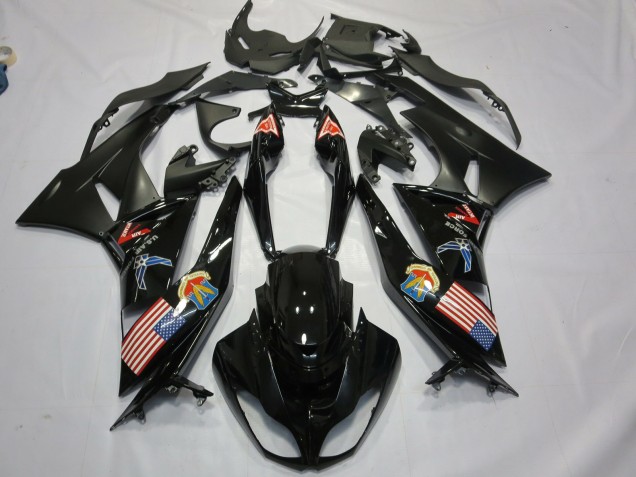 Carene Moto Kawasaki ZX6R 2009-2012 - Nero Lucido Nero Opaco Bandiera Americana