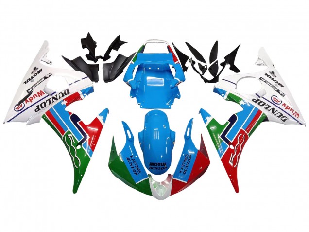 Carena Moto Yamaha YZF R6 2003-2004 - Bianco Blu Verde Rosso Kastinee Dunlop Motul