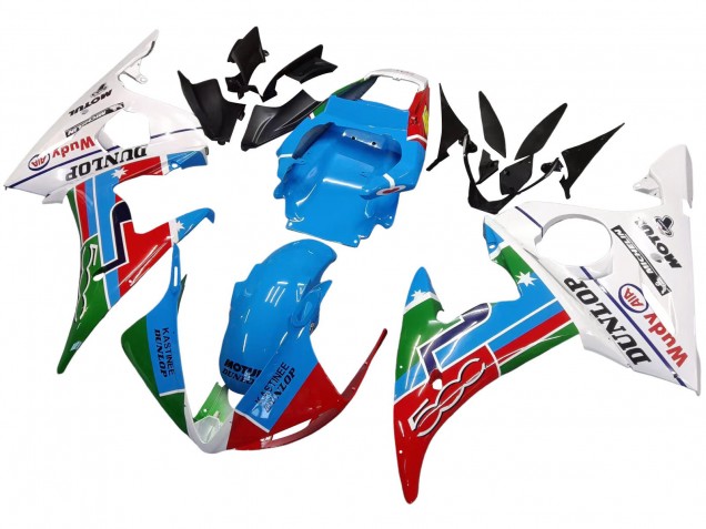 Carena Moto Yamaha YZF 600 R6 2005 - Azzurro Chiaro Bianco Verde Rosso Kastinee Dunlop Motul