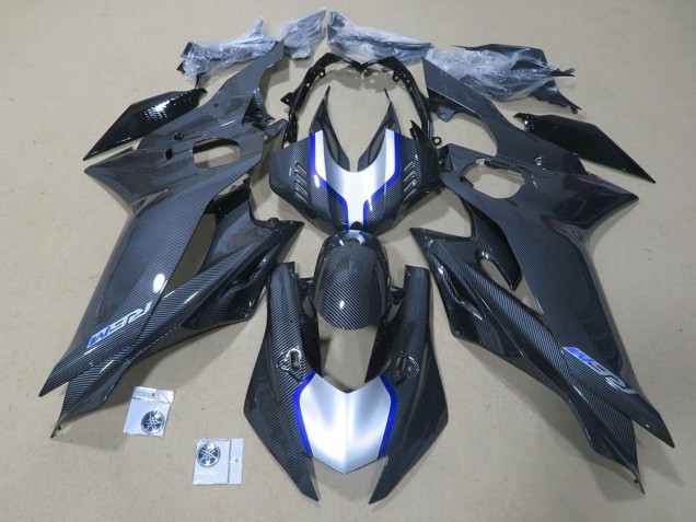 Carena Moto Yamaha YZF R6 2017-2023 - Argento Blu Nero Falso Fibra di Carbonio